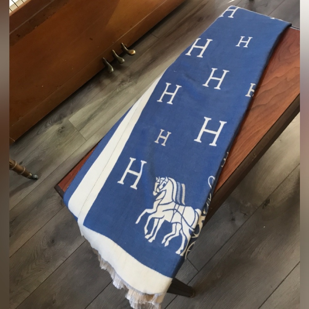 Hermes Large wrap scarf in blue and cream